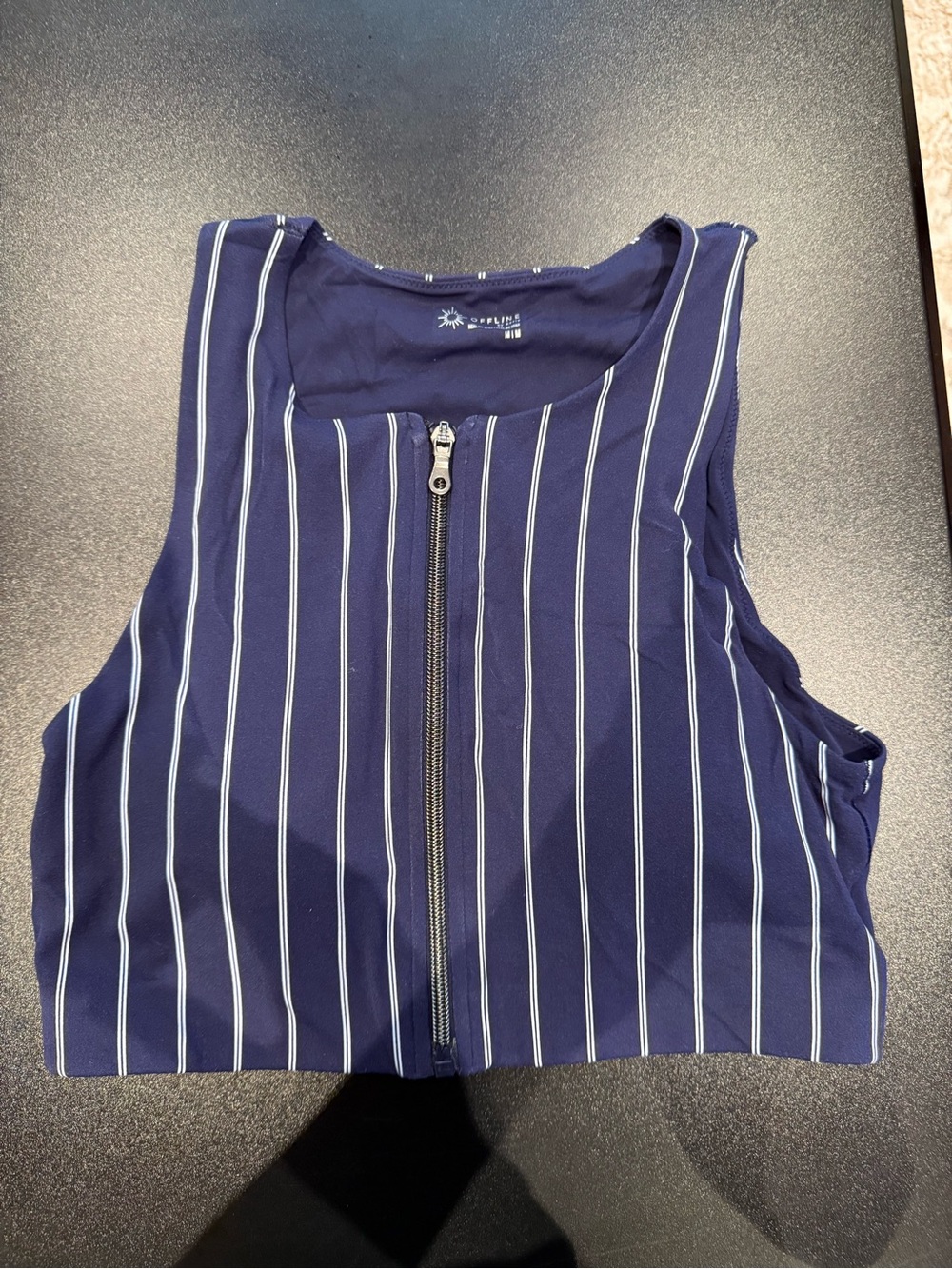 aerie Navy Blue Vertical-Strip Zip-Front Cropped Top